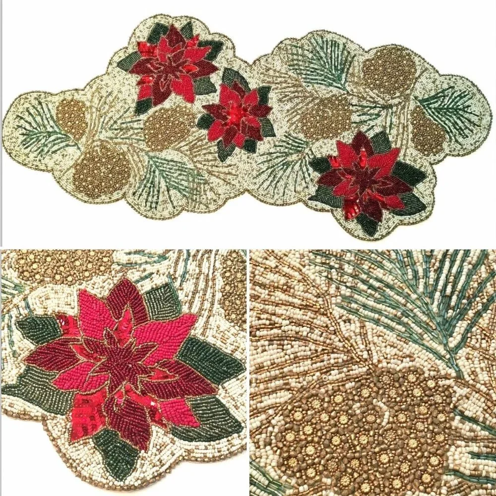 Cynthia Rowley Christmas Beaded Pinecone Poinsettia Table Runner Centerpiece
